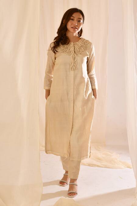 Buy_Vaani Beswal_Beige Handwoven Tussar Silk Round Bodice Embroidered Kurta And Pant Set _Online_at_Aza_Fashions