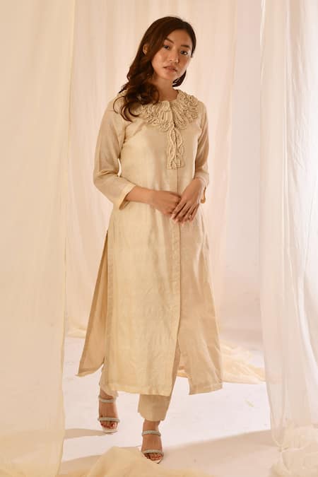 Shop_Vaani Beswal_Beige Handwoven Tussar Silk Round Bodice Embroidered Kurta And Pant Set _Online_at_Aza_Fashions