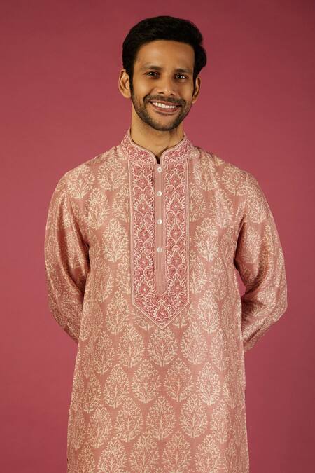 Krishna Mehta_Pink Tussar Embroidered Floral Garden Print Kurta Set _Online_at_Aza_Fashions