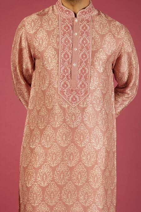 Buy_Krishna Mehta_Pink Tussar Embroidered Floral Garden Print Kurta Set _Online_at_Aza_Fashions