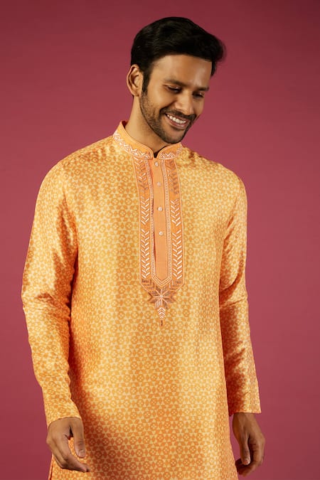 Krishna Mehta Orange Tussar Printed Geometric Kurta Set Online at Aza Fashions Krishna Mehta_Orange Tussar Printed Geometric Kurta Set _Online_at_Aza_Fashions