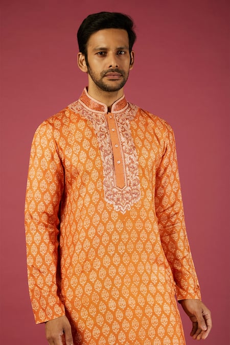 Krishna Mehta Orange Tussar Printed Floral Flower Block Kurta Set Online at Aza Fashions Krishna Mehta_Orange Tussar Printed Floral Flower Block Kurta Set _Online_at_Aza_Fashions