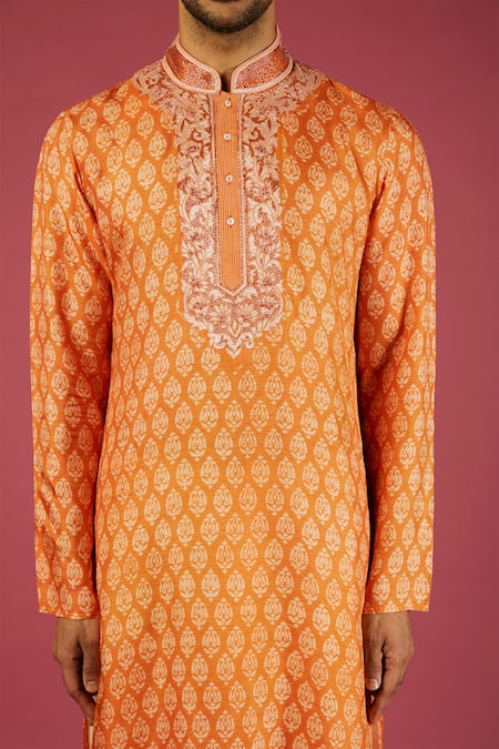 Buy Krishna Mehta Orange Tussar Printed Floral Flower Block Kurta Set Online at Aza Fashions Buy_Krishna Mehta_Orange Tussar Printed Floral Flower Block Kurta Set _Online_at_Aza_Fashions