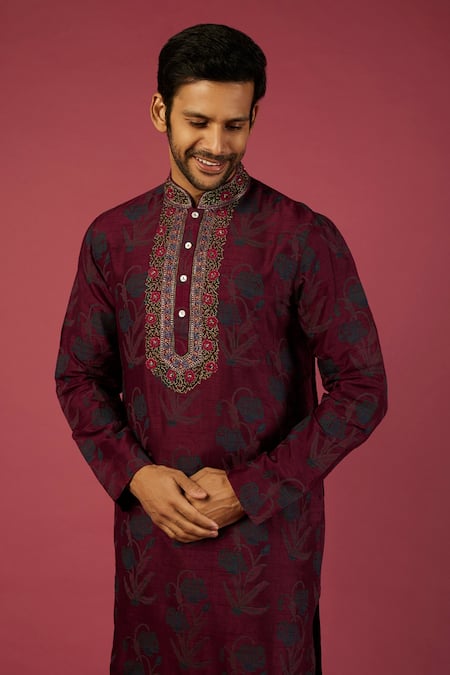 Buy_Krishna Mehta_Maroon Tussar Printed Floral Blossom Block Kurta Set _Online_at_Aza_Fashions