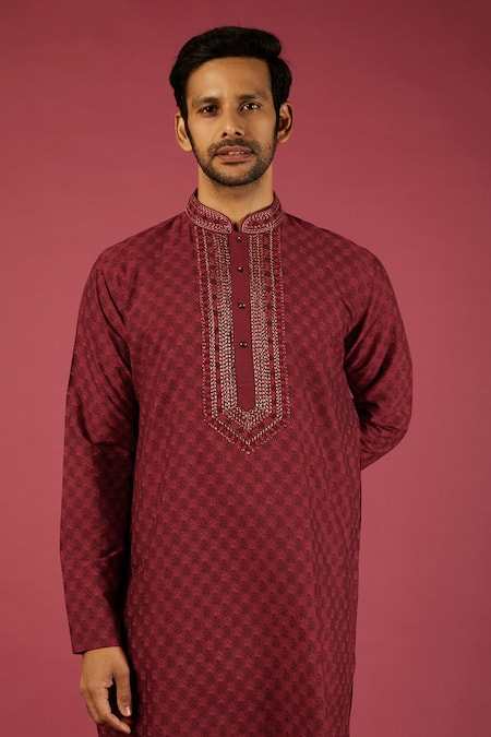 Krishna Mehta_Red Tussar Printed Floral Kurta Set _Online_at_Aza_Fashions
