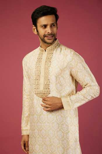 Buy_KRISHNA MEHTA_Beige Tussar Printed Floral Flower Kurta Set _Online_at_Aza_Fashions