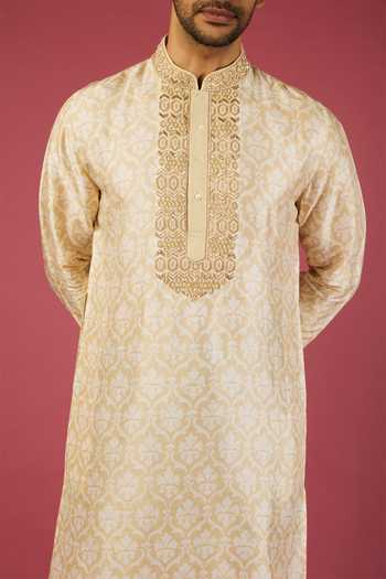 Shop_KRISHNA MEHTA_Beige Tussar Printed Floral Flower Kurta Set _Online_at_Aza_Fashions