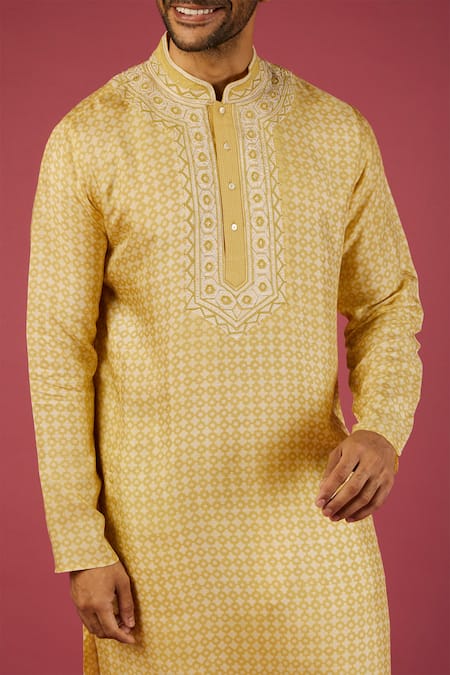 Buy_Krishna Mehta_Yellow Tussar Printed Star Kurta Set _Online_at_Aza_Fashions