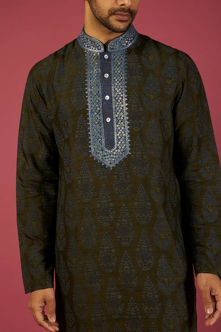 Buy_Krishna Mehta_Green Tussar Embroidered Floral Botanical Print Kurta Set _Online_at_Aza_Fashions
