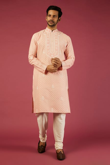 Krishna Mehta_Peach Pst Embroidered Floral Garden Print Kurta Set _Online_at_Aza_Fashions