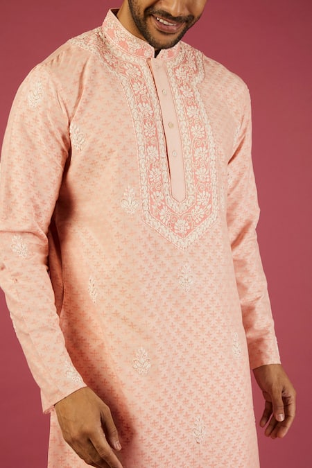 Krishna Mehta_Peach Pst Embroidered Floral Garden Print Kurta Set _at_Aza_Fashions