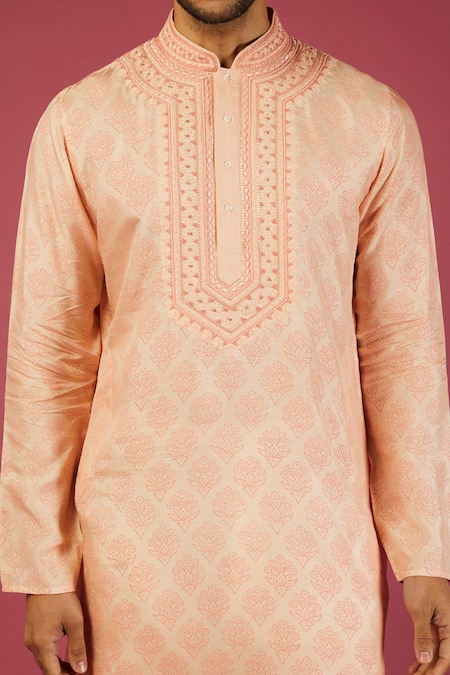 Buy_Krishna Mehta_Peach Tussar Printed Floral Garden Block Kurta Set _Online_at_Aza_Fashions