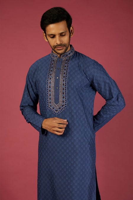 Buy_Krishna Mehta_Blue Tussar Printed Floral Block Kurta Set _Online_at_Aza_Fashions