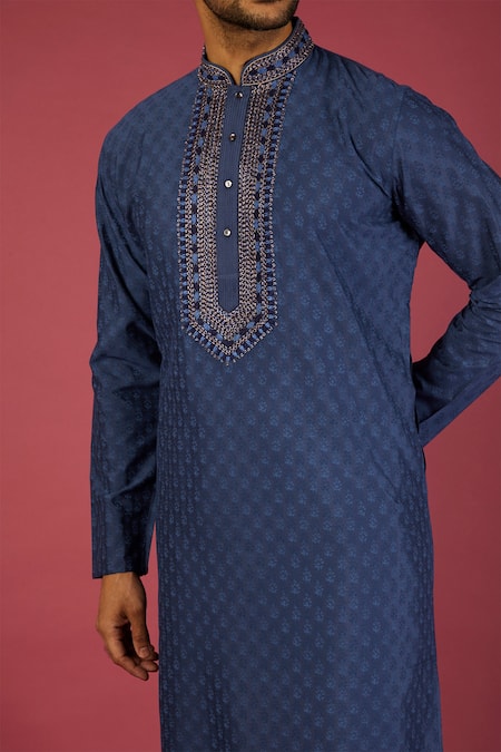 Shop_Krishna Mehta_Blue Tussar Printed Floral Block Kurta Set _Online_at_Aza_Fashions