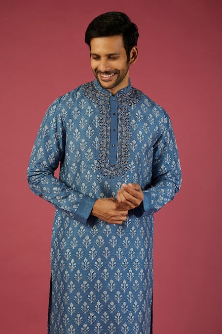 Krishna Mehta_Blue Tussar Printed Floral Blossom Block Kurta Set _Online_at_Aza_Fashions