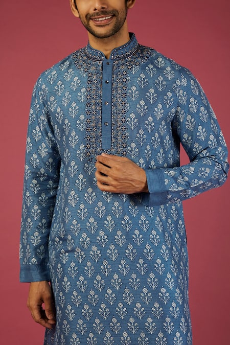 Buy_Krishna Mehta_Blue Tussar Printed Floral Blossom Block Kurta Set _Online_at_Aza_Fashions