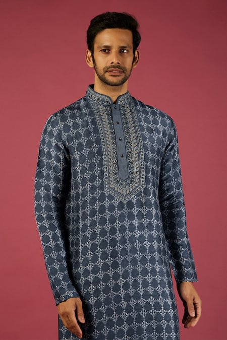 Krishna Mehta_Blue Tussar Printed Floral Garden Block Kurta Set _Online_at_Aza_Fashions