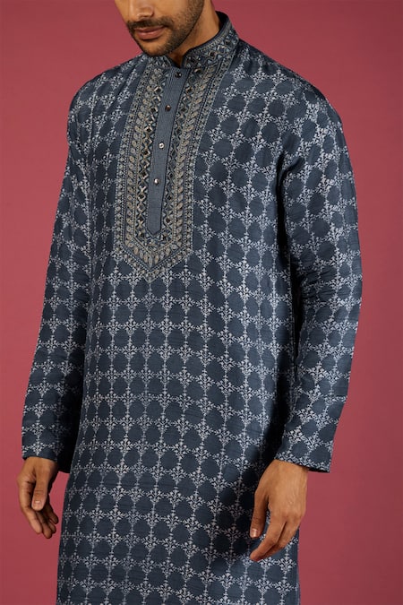 Buy_Krishna Mehta_Blue Tussar Printed Floral Garden Block Kurta Set _Online_at_Aza_Fashions