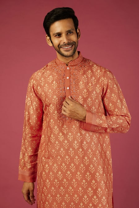 Krishna Mehta_Orange Tussar Printed Floral Blossom Kurta Set _Online_at_Aza_Fashions