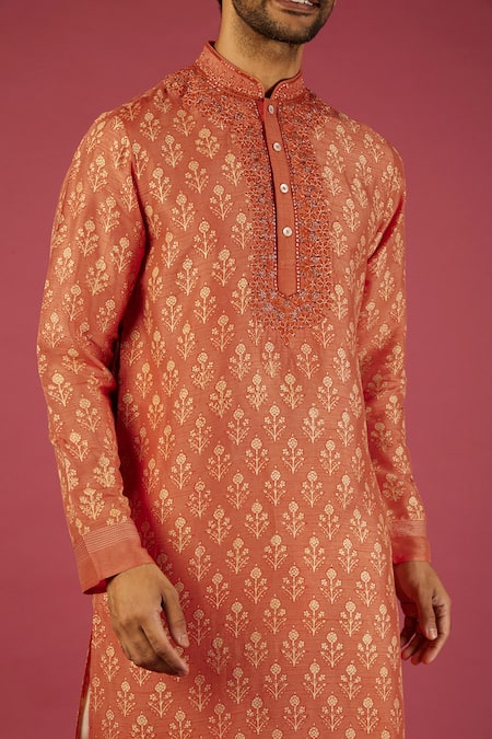Buy_Krishna Mehta_Orange Tussar Printed Floral Blossom Kurta Set _Online_at_Aza_Fashions