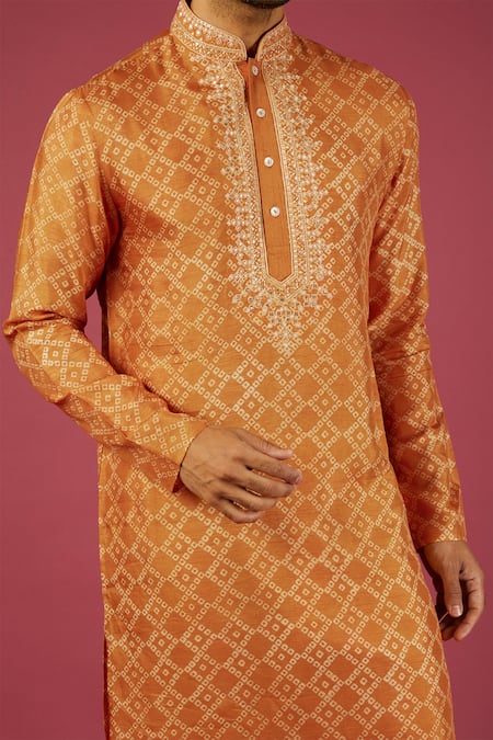 Buy_Krishna Mehta_Orange Tussar Printed Bandhani Kurta Set _Online_at_Aza_Fashions