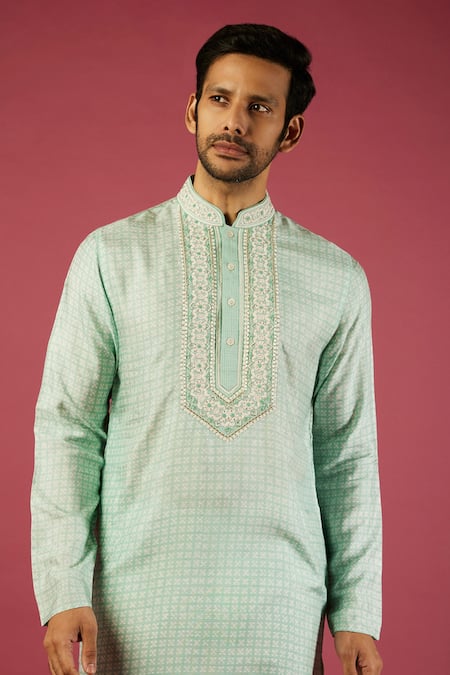 Krishna Mehta_Green Tussar Printed Geometric Kurta Set _Online_at_Aza_Fashions