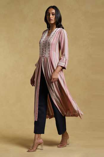 Ritu Kumar_Multi Color Yarn Dyed Cotton-multi Striped V Neck Front Slit Kurta_Online_at_Aza_Fashions