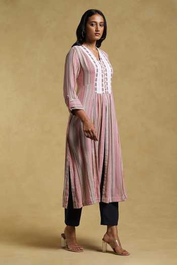 Buy_Ritu Kumar_Multi Color Yarn Dyed Cotton-multi Striped V Neck Front Slit Kurta_Online_at_Aza_Fashions