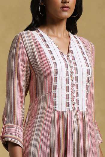Shop_Ritu Kumar_Multi Color Yarn Dyed Cotton-multi Striped V Neck Front Slit Kurta_Online_at_Aza_Fashions