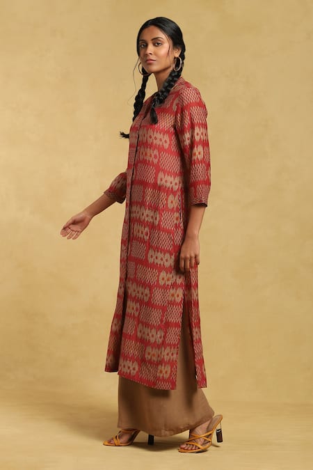 Ritu Kumar Orange Cotton, Silk Round Neck Glitch Print Button Down Kurta Online at Aza Fashions Ritu Kumar_Orange Cotton, Silk Round Neck Glitch Print Button Down Kurta_Online_at_Aza_Fashions