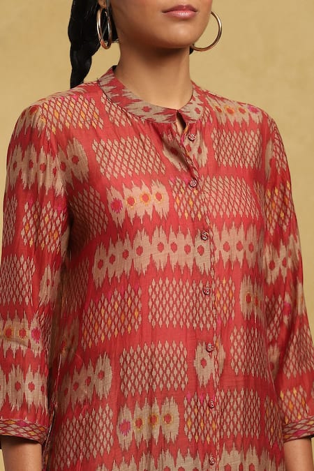 Shop Ritu Kumar Orange Cotton, Silk Round Neck Glitch Print Button Down Kurta Online at Aza Fashions Shop_Ritu Kumar_Orange Cotton, Silk Round Neck Glitch Print Button Down Kurta_Online_at_Aza_Fashions