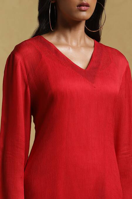 Shop_Ritu Kumar_Red Crimp Satin V Neck Asymmetric Kurta_Online_at_Aza_Fashions