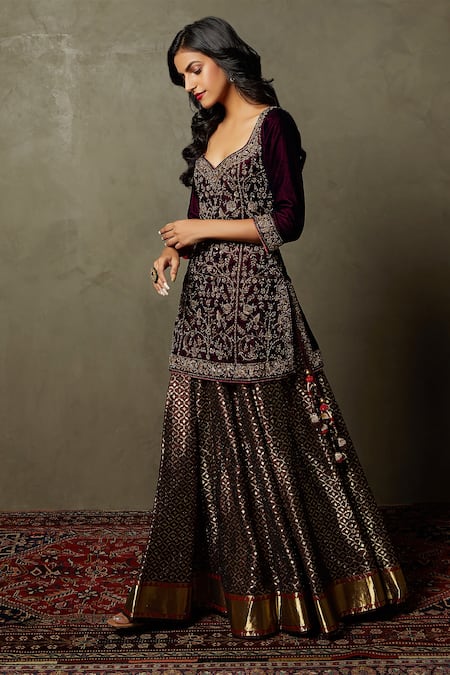 RI.Ritu Kumar_Purple Silk Embroidery And Woven Zardozi & Jaal Pattern Jwala Kurta Lehenga Set _Online_at_Aza_Fashions