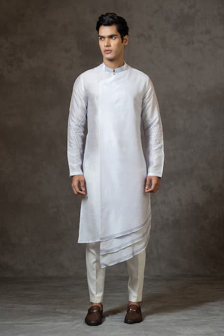 PAARSH_Grey Bamboo, Cotton Embroidery Asymmetric Panelled Kurta Set _Online_at_Aza_Fashions