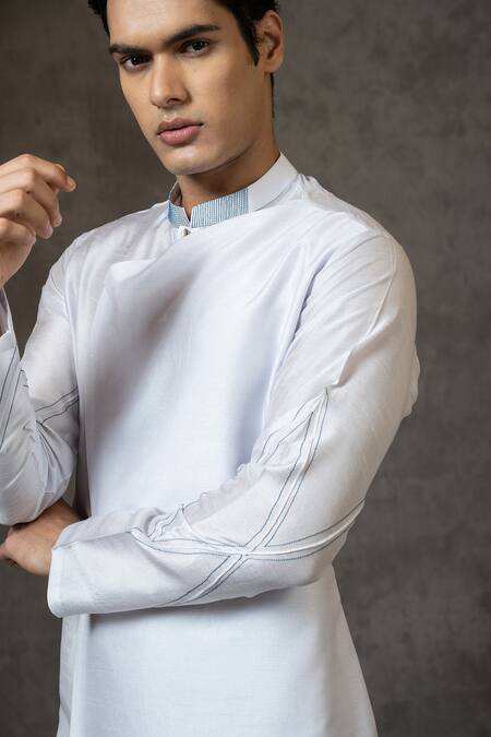 Shop_PAARSH_Grey Bamboo, Cotton Embroidery Asymmetric Panelled Kurta Set _Online_at_Aza_Fashions