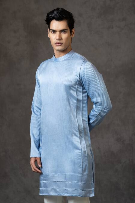 PAARSH_Blue Linen, Satin, Cotton Pintucked Kurta Set _Online_at_Aza_Fashions