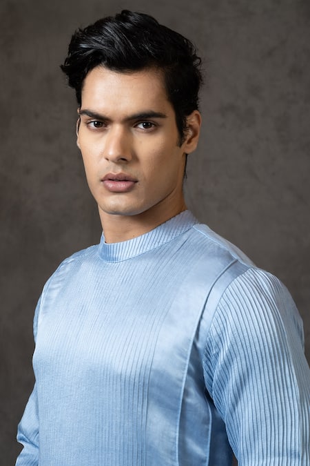 Buy_PAARSH_Blue Linen, Satin, Cotton Pintucked Kurta Set _Online_at_Aza_Fashions