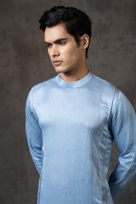 Shop_PAARSH_Blue Linen, Satin, Cotton Pintucked Kurta Set _Online_at_Aza_Fashions