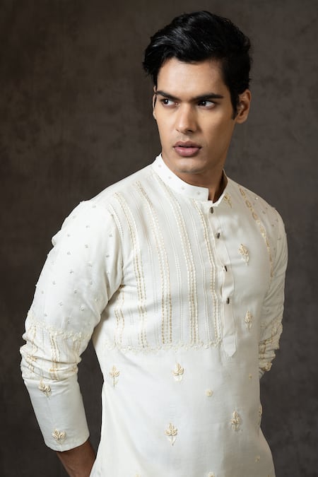 PAARSH_Ivory Bamboo, Cotton Embroidery Bullion Flower Kurta Set _Online_at_Aza_Fashions