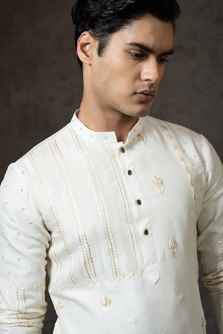 Buy_PAARSH_Ivory Bamboo, Cotton Embroidery Bullion Flower Kurta Set _Online_at_Aza_Fashions