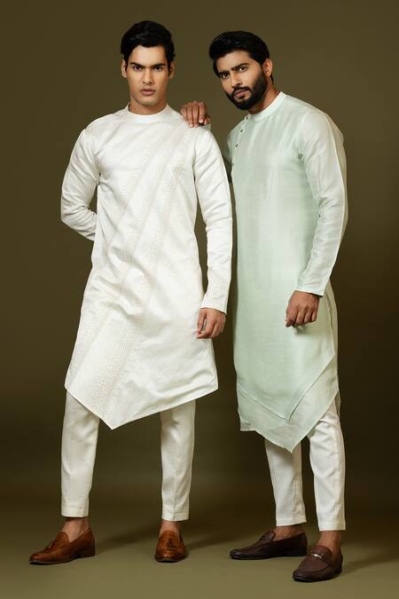 Buy_PAARSH_Ivory Linen, Satin, Cotton Embroidery Chid Asymmetric Kurta Set _Online_at_Aza_Fashions