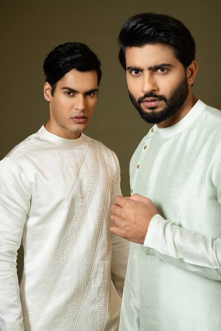 Shop_PAARSH_Ivory Linen, Satin, Cotton Embroidery Chid Asymmetric Kurta Set _Online_at_Aza_Fashions