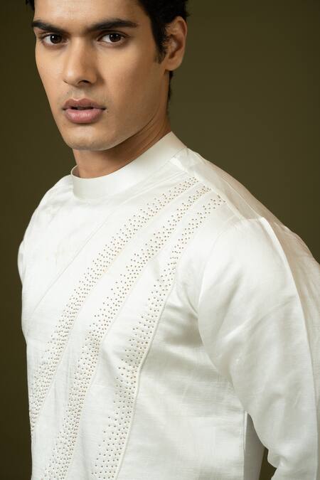 Buy_PAARSH_Ivory Linen, Satin, Cotton Embroidery Chid Asymmetric Kurta Set 