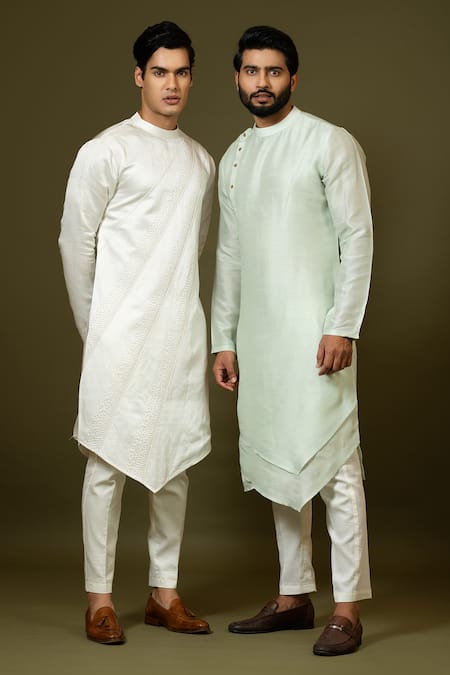 PAARSH_Green Bamboo, Maheshwari Asymmetric Multi Panel Kurta Set _Online_at_Aza_Fashions