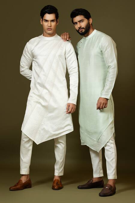 Buy_PAARSH_Green Bamboo, Maheshwari Asymmetric Multi Panel Kurta Set _Online_at_Aza_Fashions