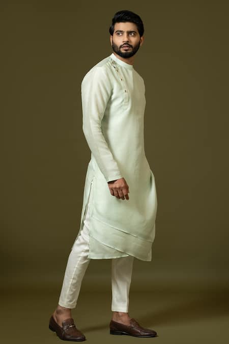 Shop_PAARSH_Green Bamboo, Maheshwari Asymmetric Multi Panel Kurta Set _Online_at_Aza_Fashions