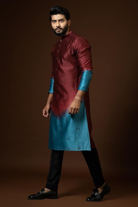 Buy_PAARSH_Red Chanderi Silk, Cotton Embroidery Ombre Kurta Set _Online_at_Aza_Fashions