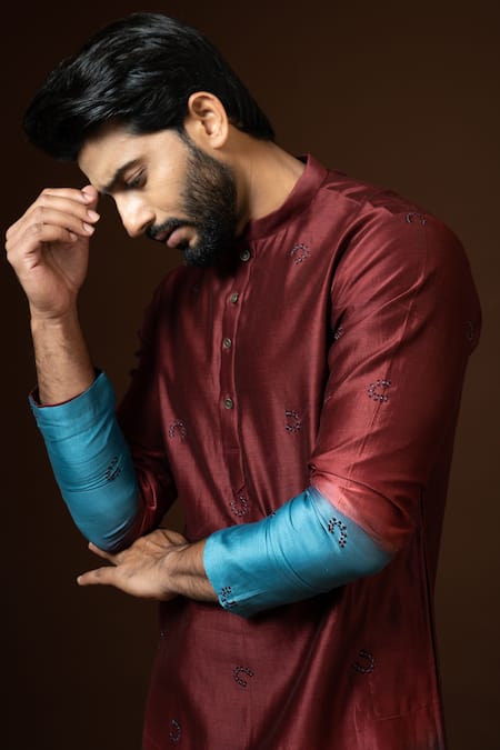 Shop_PAARSH_Red Chanderi Silk, Cotton Embroidery Ombre Kurta Set _Online_at_Aza_Fashions