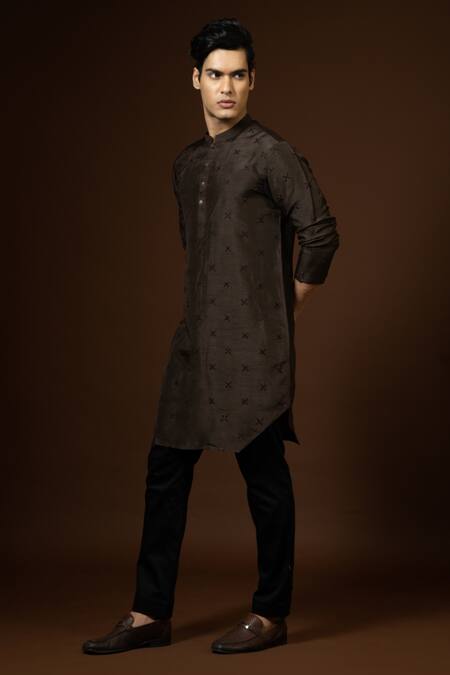 PAARSH_Brown Bamboo, Cotton Embroidery French Knot Kurta Set _Online_at_Aza_Fashions