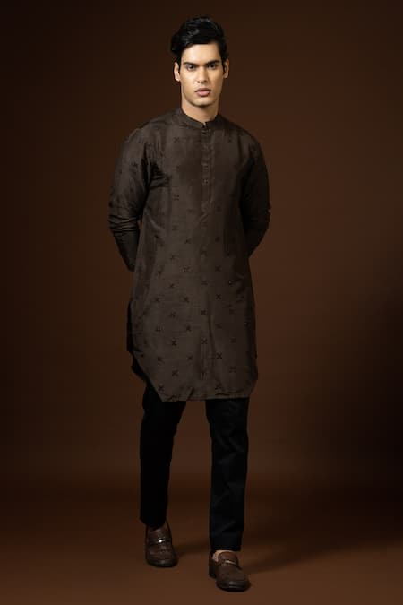 Buy_PAARSH_Brown Bamboo, Cotton Embroidery French Knot Kurta Set _Online_at_Aza_Fashions
